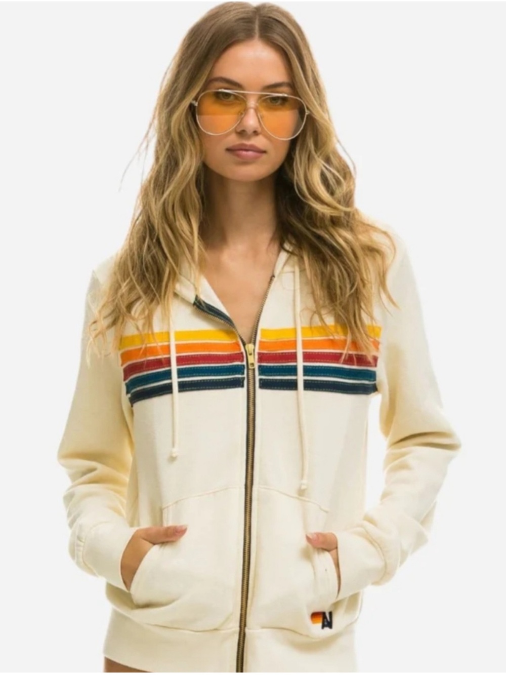 Aviator Nation cream zip hoodie 5 stripe jacket size medium vintage white retro